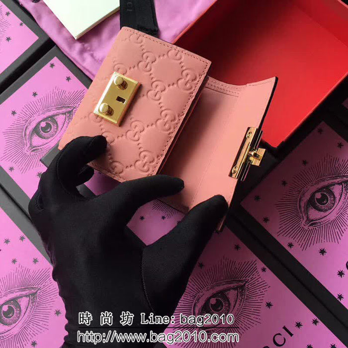 GUCCI古馳 歐洲正品原單 padlock系列 最新款短皮夾 453155 粉色壓花全皮 WTG1196